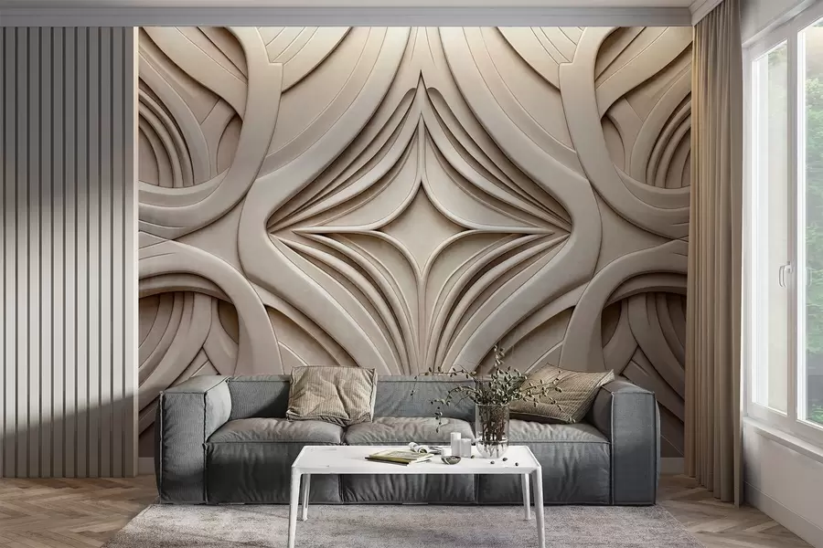Fotobehang Abstracte symmetrische geometrische print met textuur, lichtbeige kleur, art-decostijl, gedetailleerde details w09473