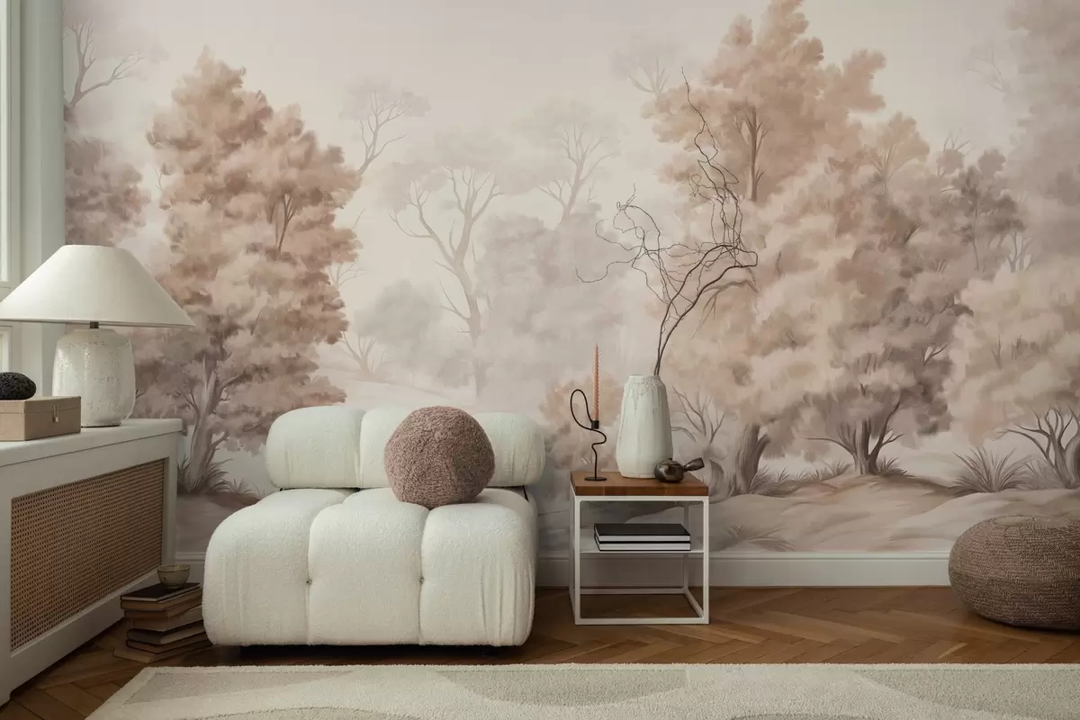 Fotobehang Textuurlandschapsschilderij dat een bos met hoge bomen en gras imiteert, gedempte en zachte kleuren, rustgevend tafereel w09474