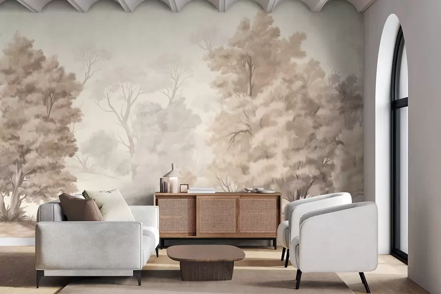 Fotobehang Textuurlandschapsschilderij dat een bos met hoge bomen en gras imiteert, gedempte en zachte kleuren, rustgevend tafereel w09474