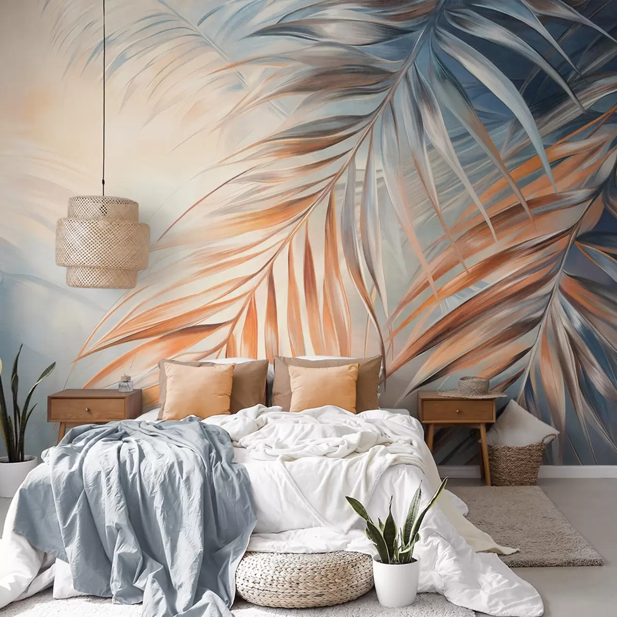 Fotobehang Palmbladeren met oranje en blauwe tinten, lichte gestructureerde achtergrond met zachte kleuren, elegante tropische stijl w09475