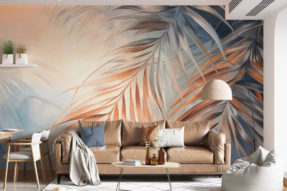 Fotobehang Palmbladeren met oranje en blauwe tinten, lichte gestructureerde achtergrond met zachte kleuren, elegante tropische stijl w09475