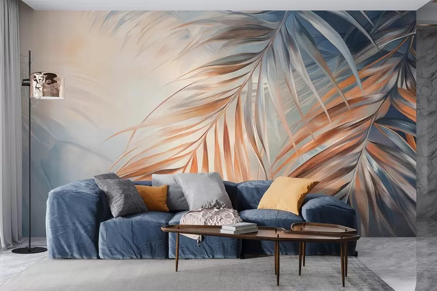 Fotobehang Palmbladeren met oranje en blauwe tinten, lichte gestructureerde achtergrond met zachte kleuren, elegante tropische stijl w09475