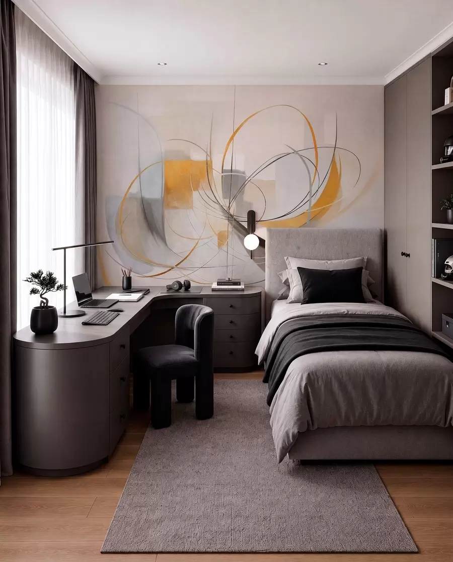 Fotobehang Abstracte, gestructureerde moderne schilderstijl met gebogen lijnen en geometrische vormen in grijstinten, wit en oranje w09476