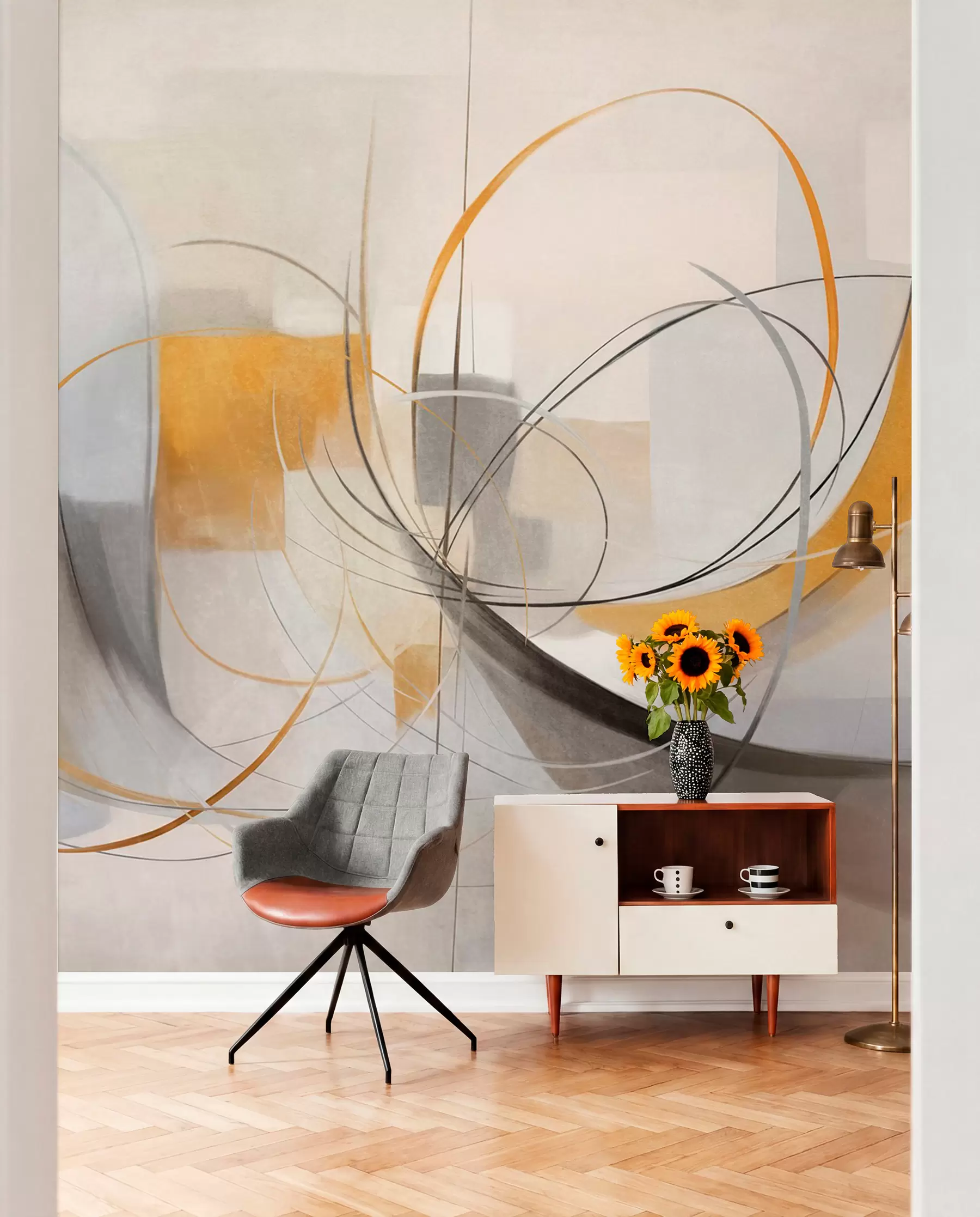 Fotobehang Zwierige lijnen in oker w09476