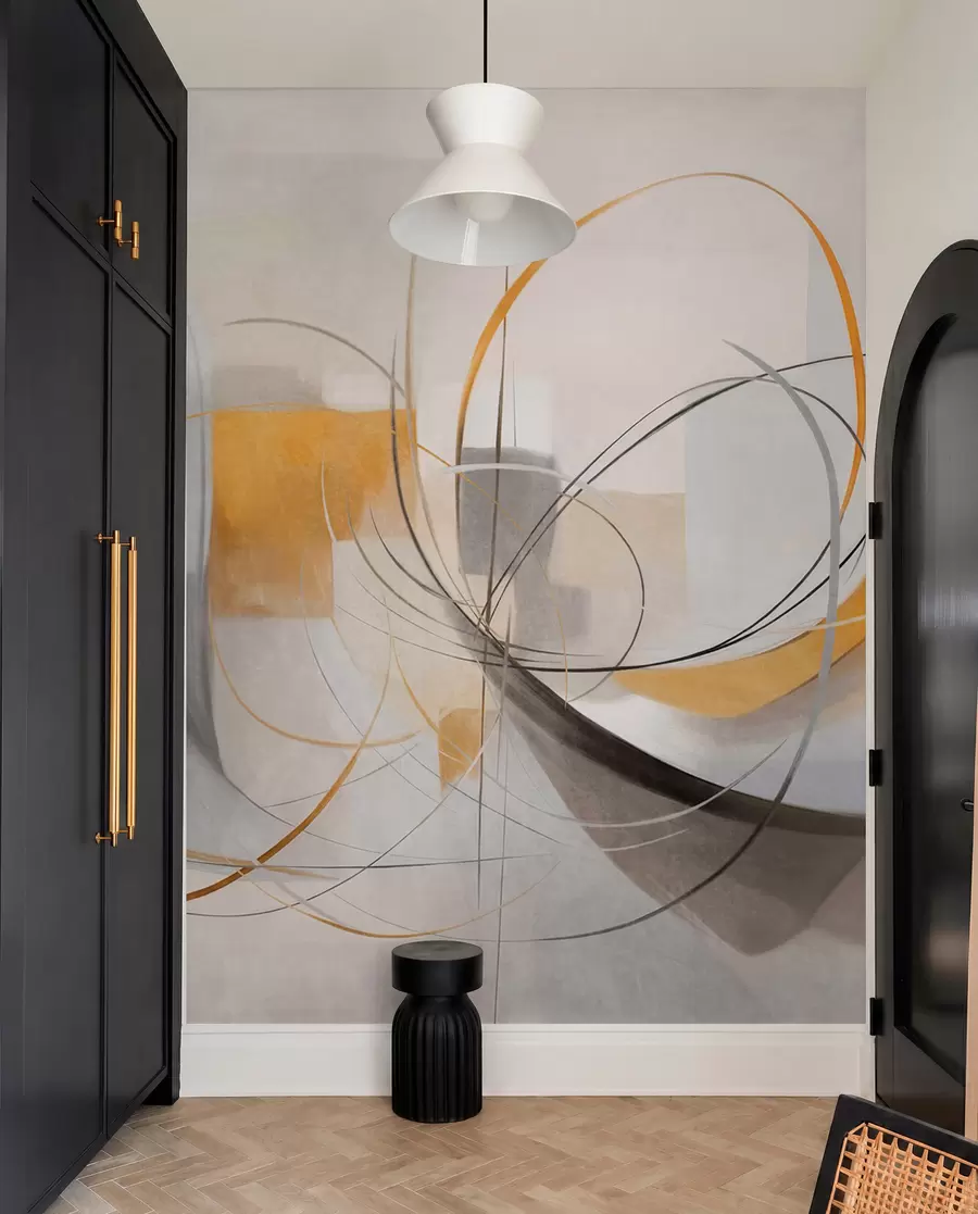 Fotobehang Abstracte, gestructureerde moderne schilderstijl met gebogen lijnen en geometrische vormen in grijstinten, wit en oranje w09476