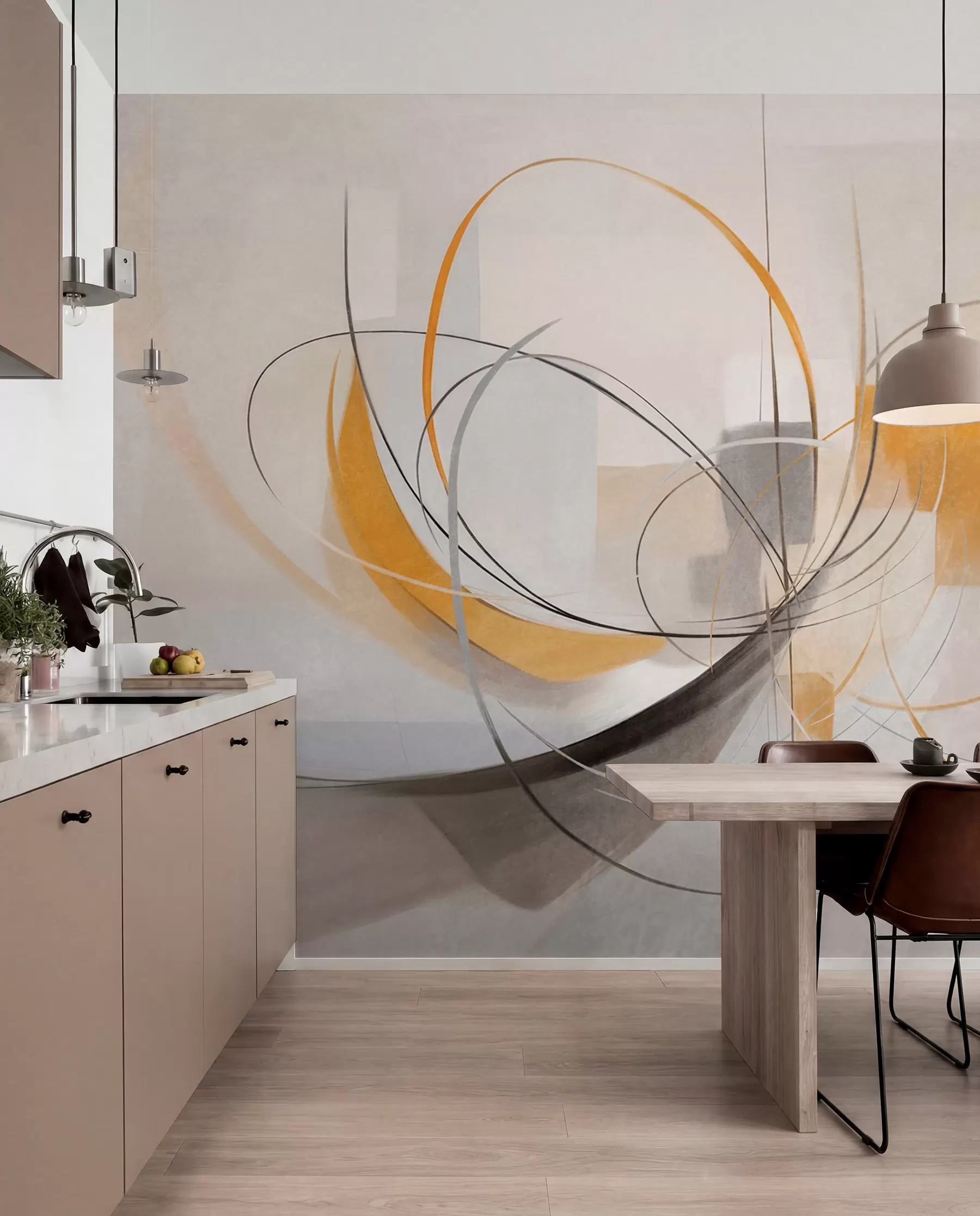 Fotobehang Abstracte, gestructureerde moderne schilderstijl met gebogen lijnen en geometrische vormen in grijstinten, wit en oranje w09476