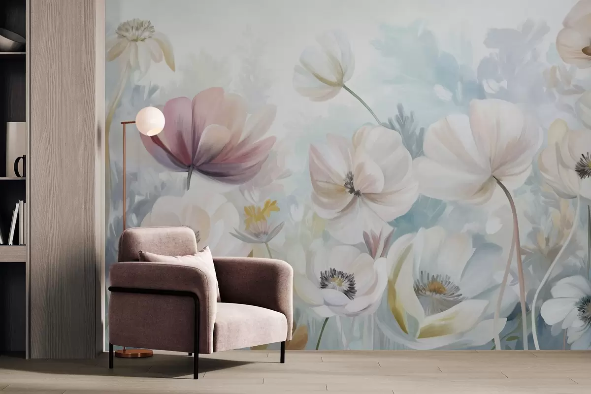 Fotobehang Een veld met pastelkleurige bloemen met delicate bloemblaadjes en zachtgroene bladeren, in een dromerige, gestructureerde aquarelstijl w09481