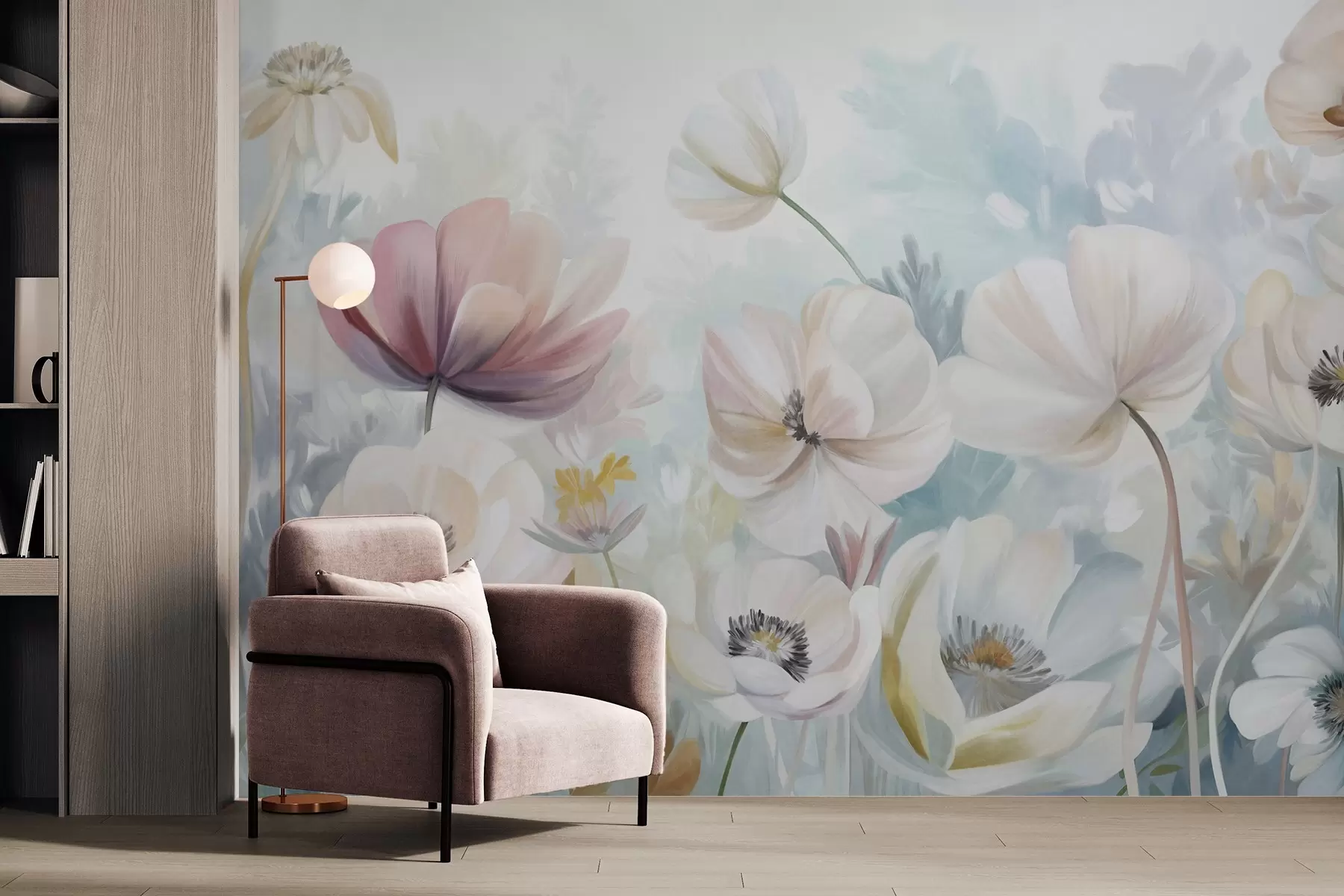 Fotobehang Een veld met pastelkleurige bloemen met delicate bloemblaadjes en zachtgroene bladeren, in een dromerige, gestructureerde aquarelstijl w09481