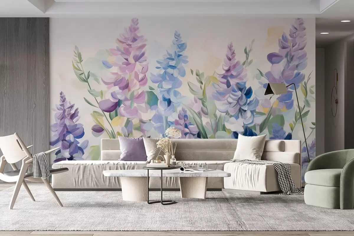 Fotobehang Paarse en blauwe bloemen met textuur en blauwe bladeren, lichte achtergrond, zachte penseelstreken, levendige kleuren w09482