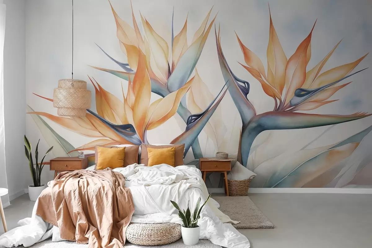 Fotobehang Paradijsvogelbloem, strelitzia met oranje bloemblaadjes, zachte aquareltextuur, lichte achtergrond w09483