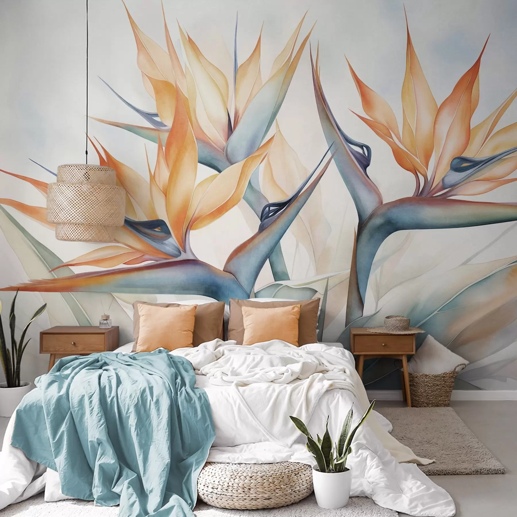 Fotobehang Paradijsvogelbloem, strelitzia met oranje bloemblaadjes, zachte aquareltextuur, lichte achtergrond w09483