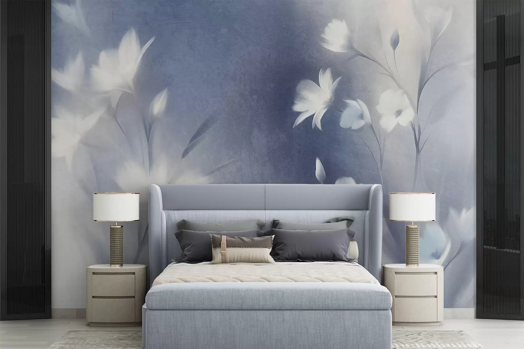 Fotobehang Witte bloemen met textuur en lange stelen, zachte knoppen tegen een wazige achtergrond van blauwe en witte tinten w09484