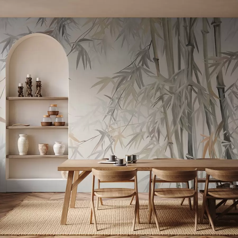 Fotobehang Getextureerde bamboestengels en bladeren in een zacht, ingetogen kleurenpalet van grijs, wit en crème, minimalistische compositie w09485