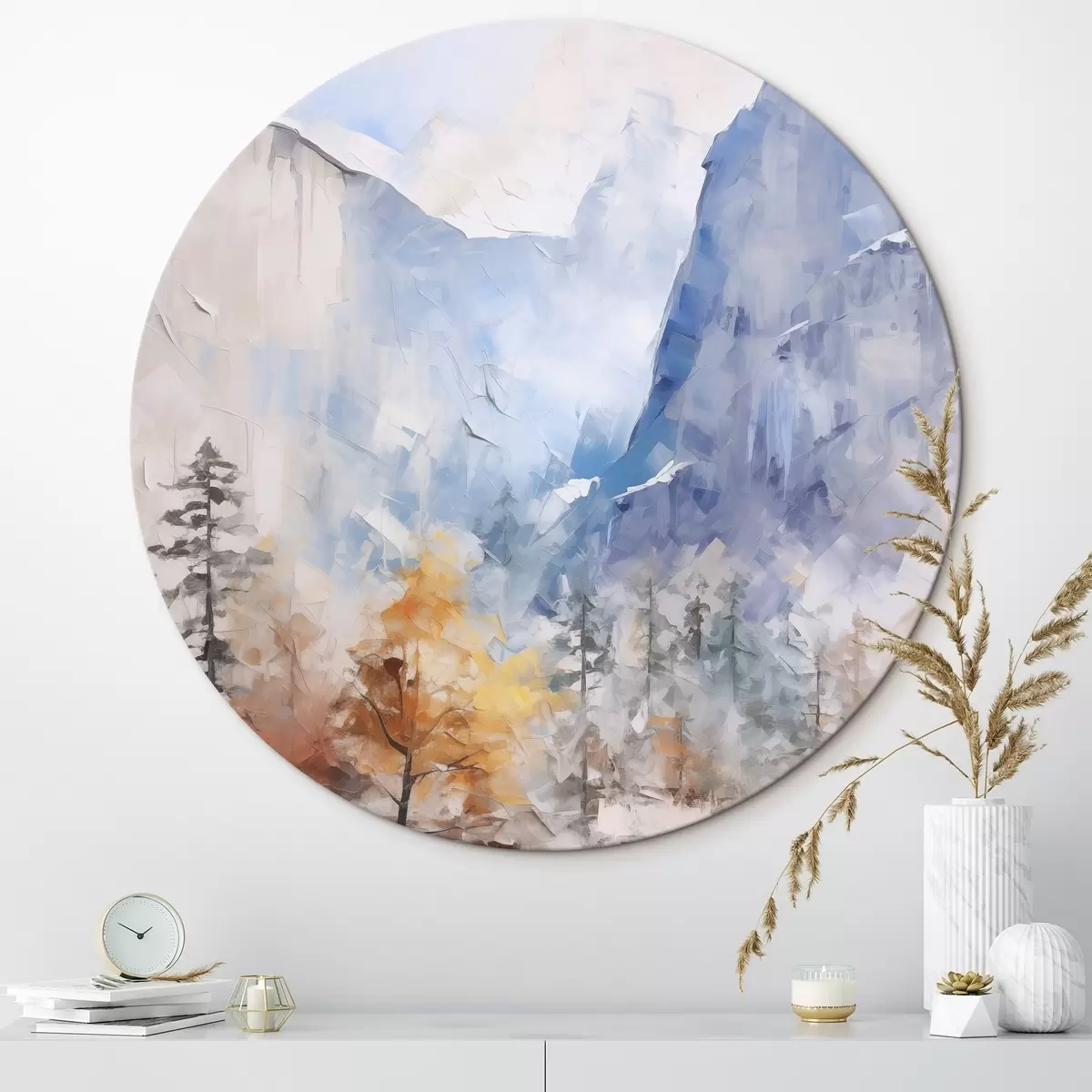 Ronde schilderijen Abstract landschap van bos voor bergen r46298