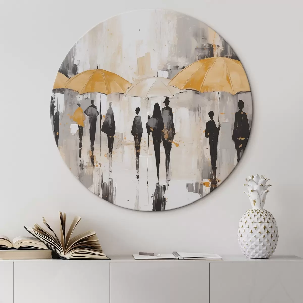 Ronde schilderijen Abstractie van mensen met paraplu's r46304