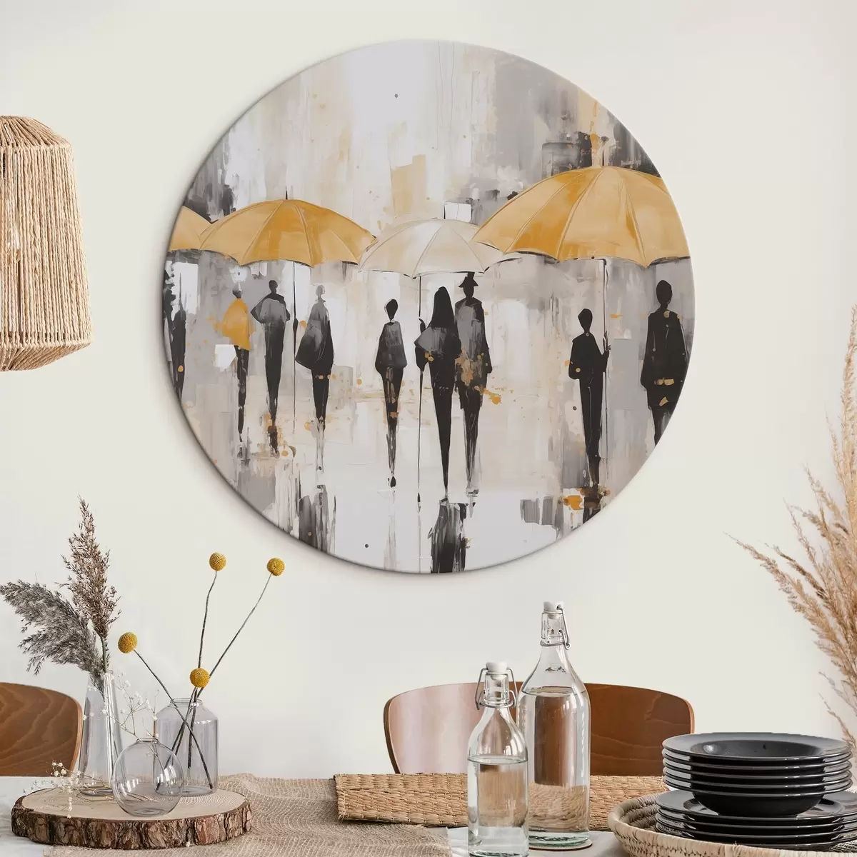 Ronde schilderijen Abstractie van mensen met paraplu's r46304
