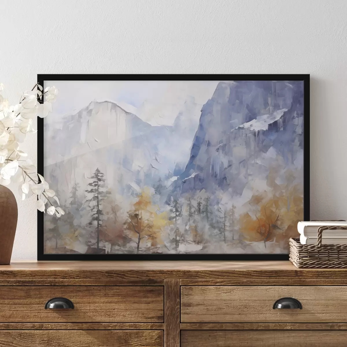 Poster Abstract landschap van bos voor bergen f46298