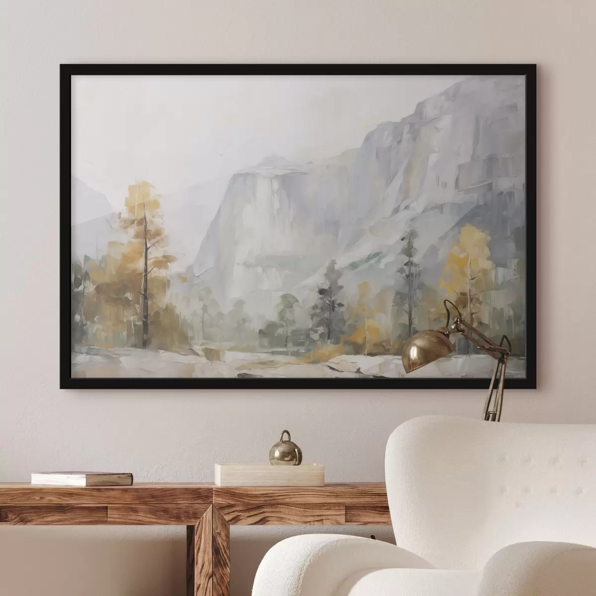 Poster Landschap van een bos voor de bergen, imitatie van een schilderij f46299