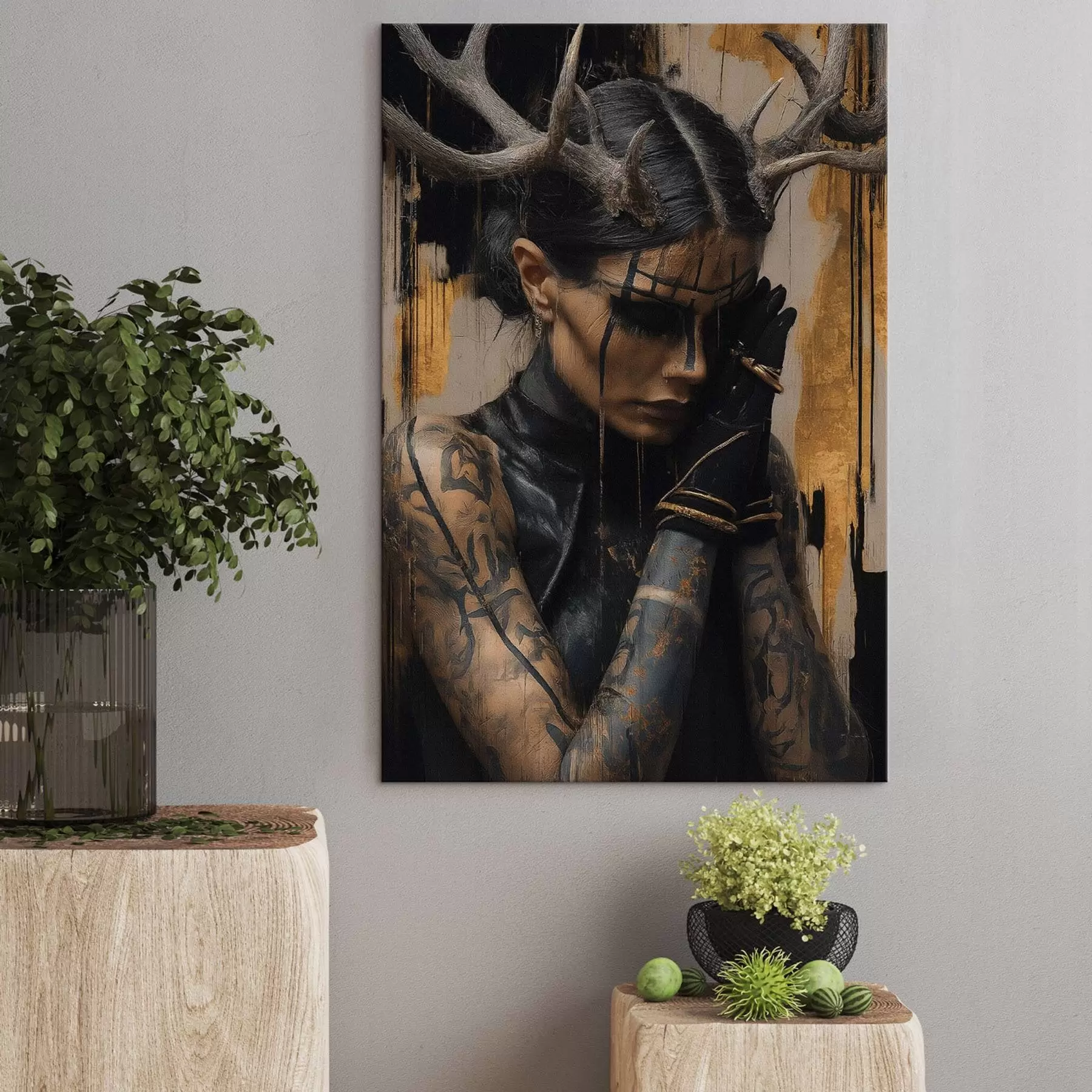  Schilderijen Vrouw met hoorns in een donkere look met zwarte gezichtslijnen s46144