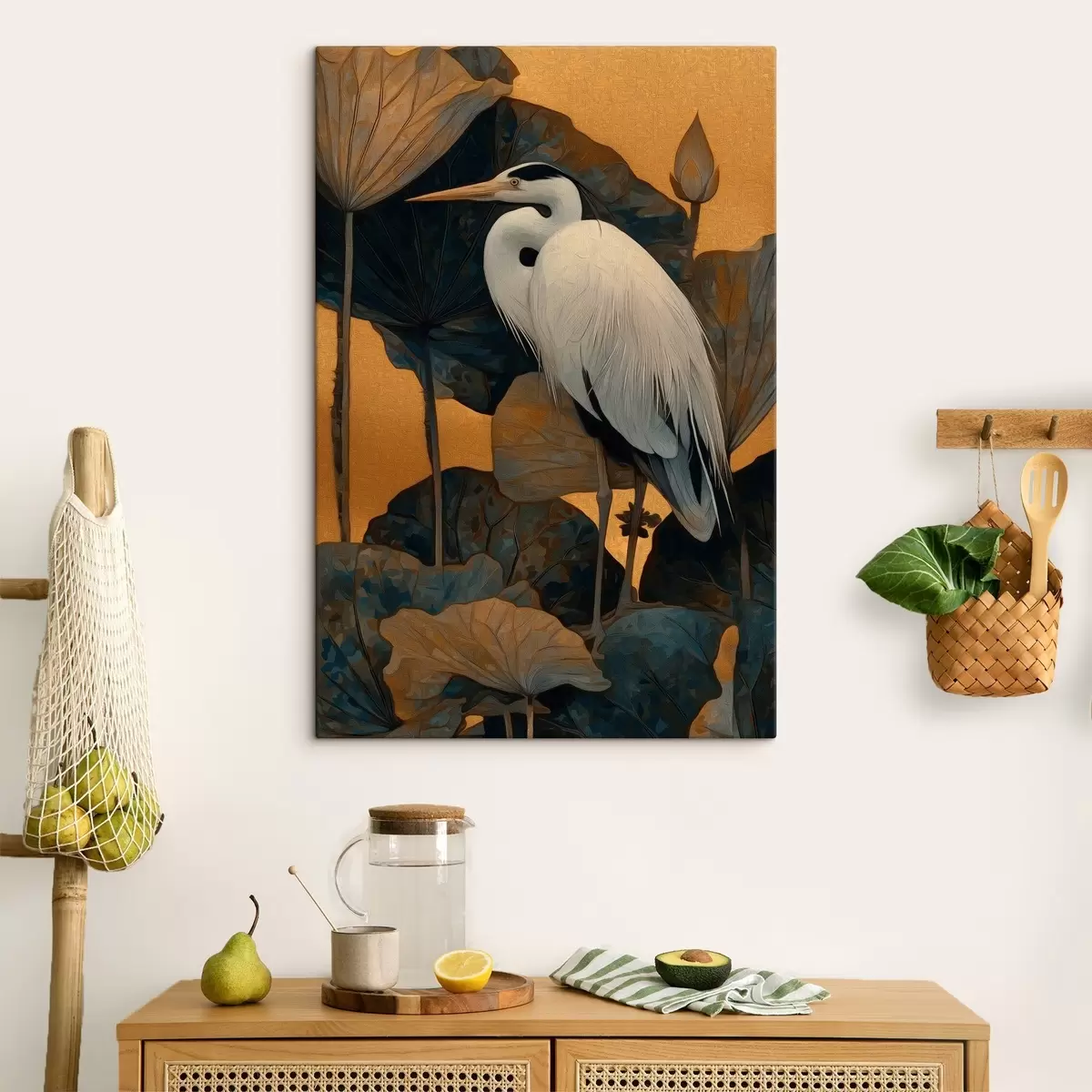  Schilderijen Witte reiger tussen grote bladeren op een warme achtergrond s46147