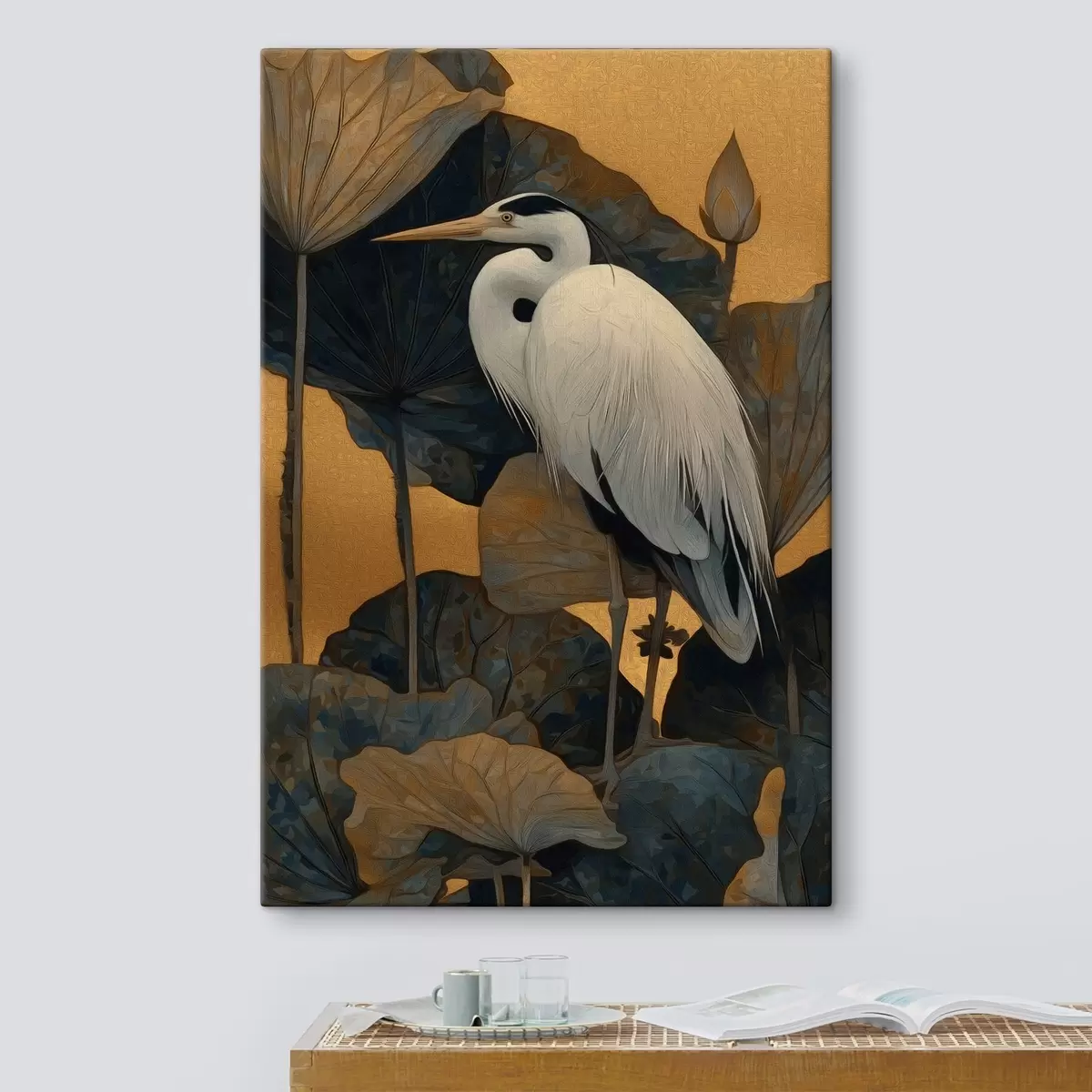  Schilderijen Witte reiger tussen grote bladeren op een warme achtergrond s46147