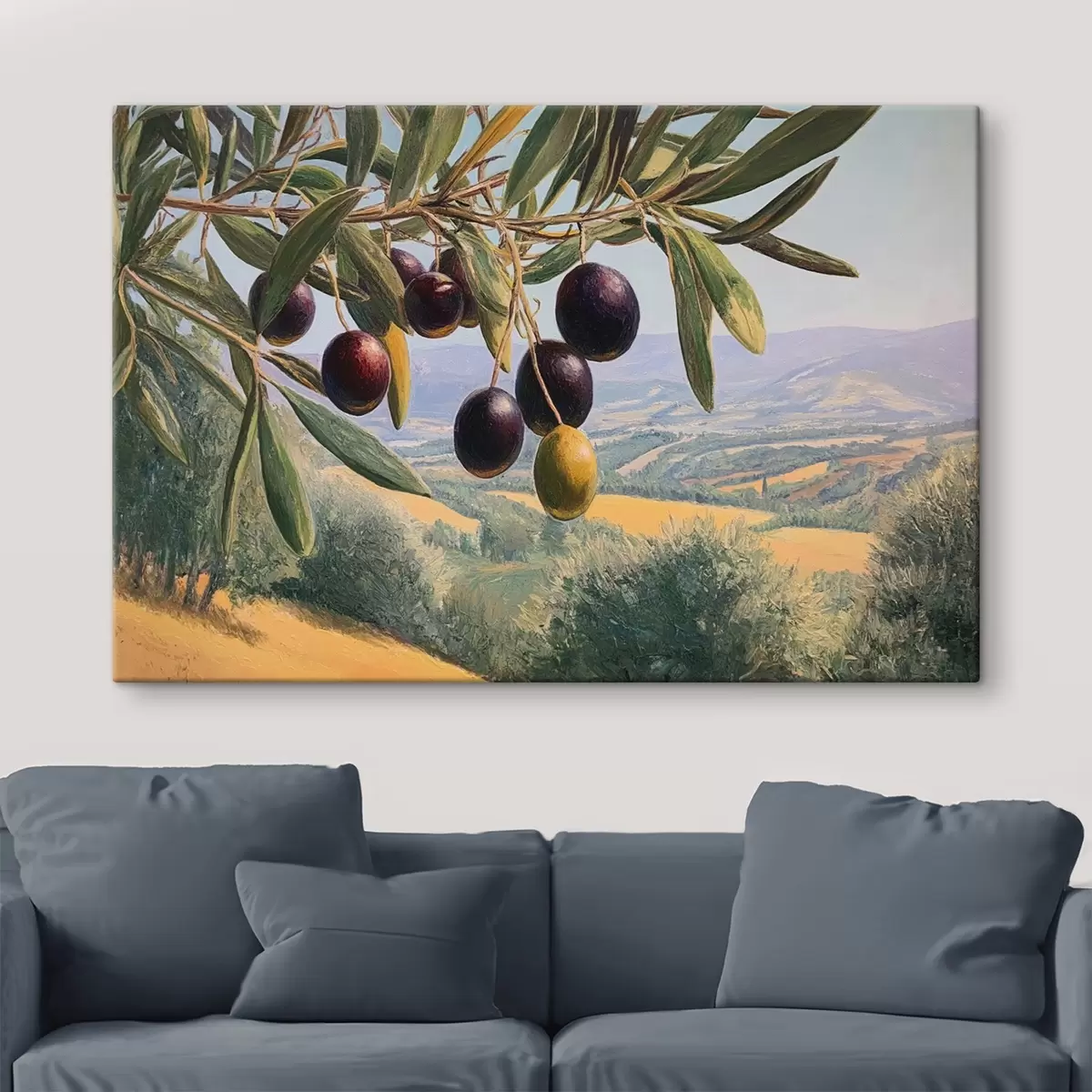  Schilderijen Olijftak met donker fruit tegen een zomerse achtergrond s46150