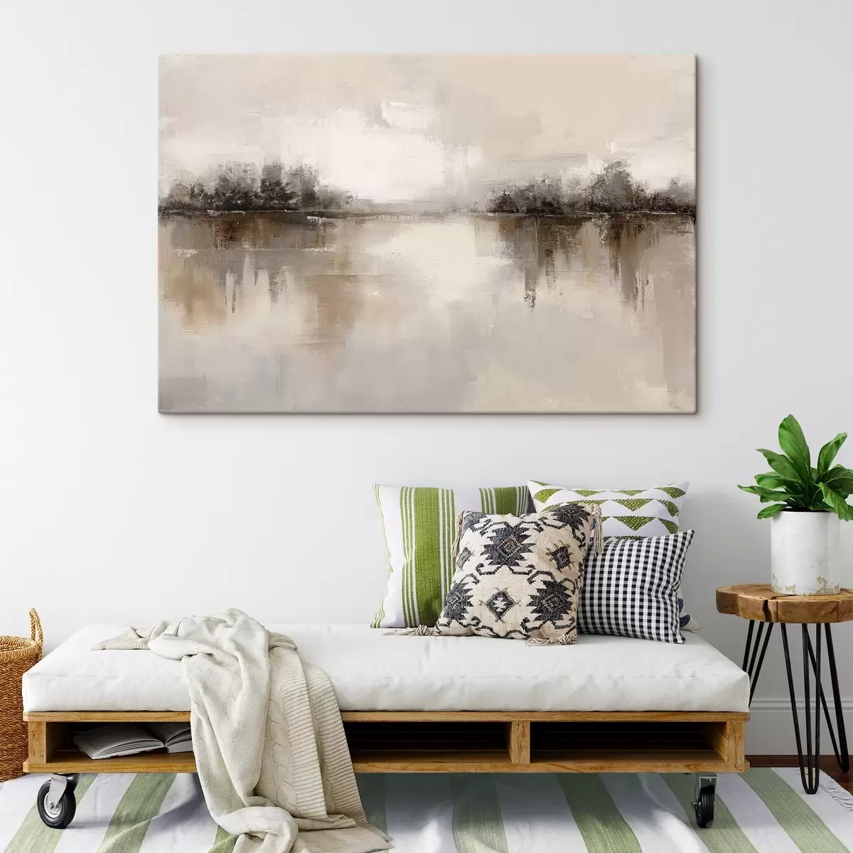  Schilderijen Zacht landschap met een meer in warme beige-grijze tinten s46158