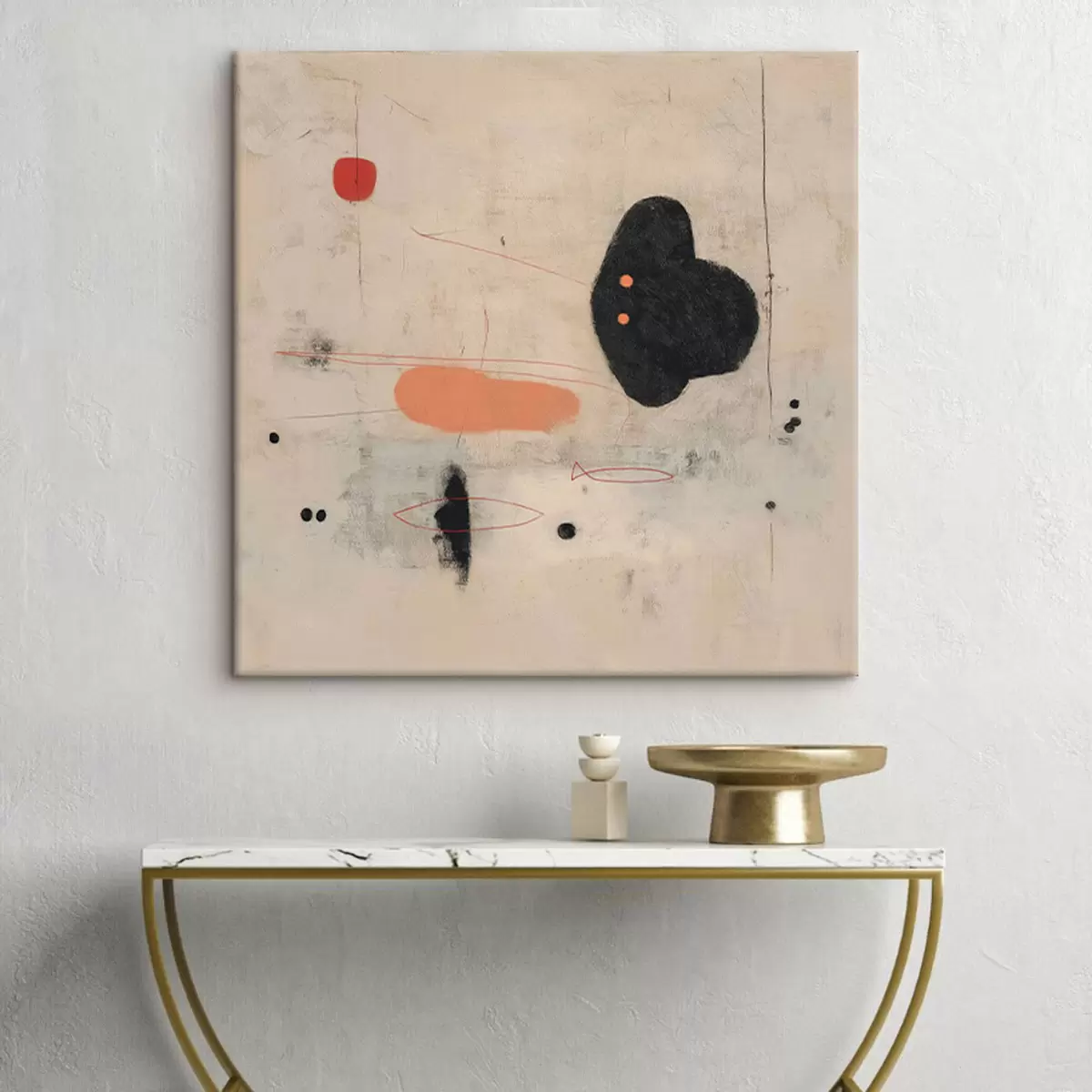  Schilderijen Minimalistische abstracte tekening met zwarte en koraalkleurige accenten s46159