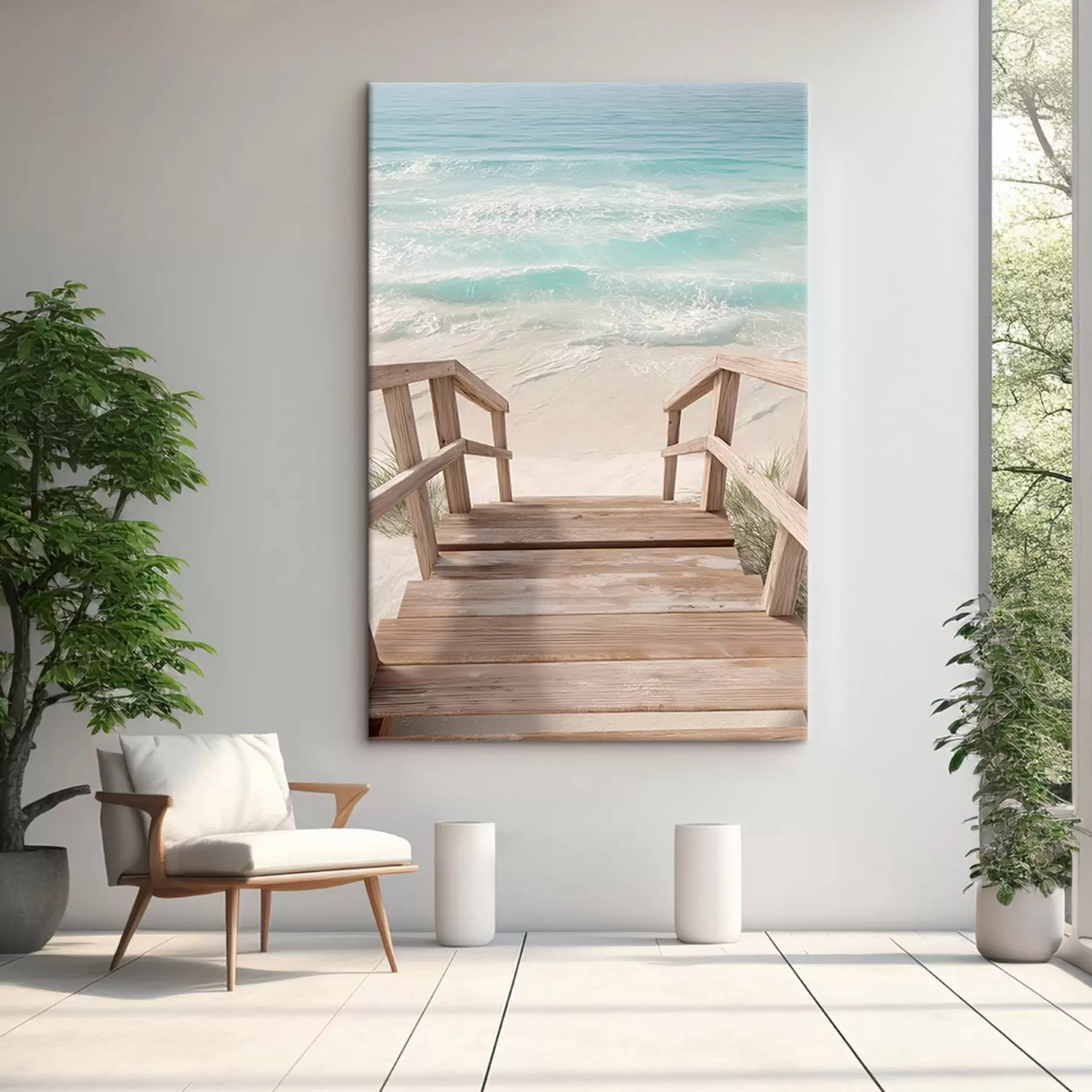  Schilderijen Houten trap die naar een turquoise strand leidt s46163