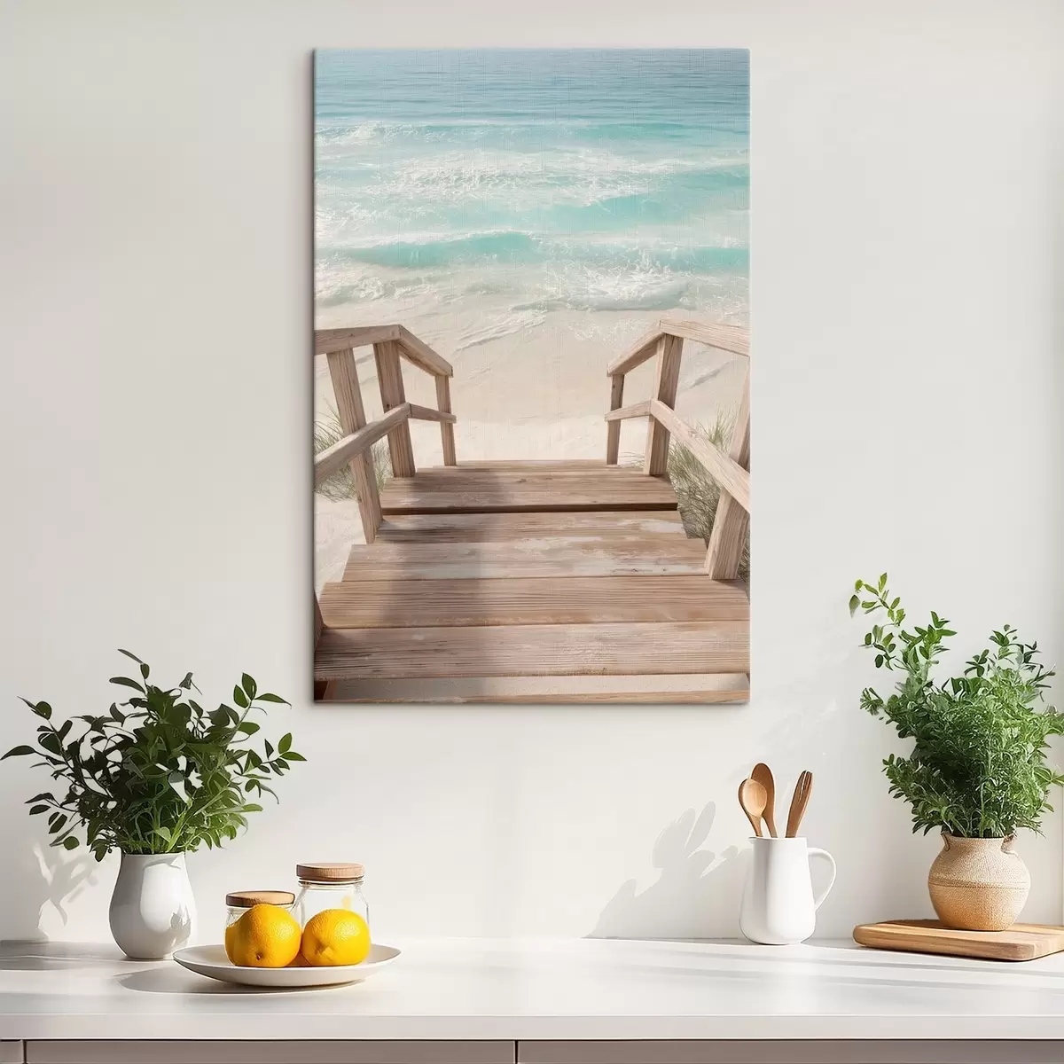 Schilderijen Houten trap die naar een turquoise strand leidt s46163