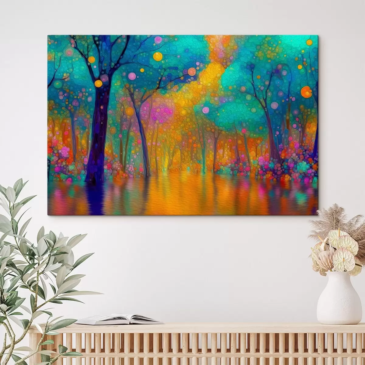  Schilderijen Levendig fantasiebos met weerspiegelingen in het water s46171