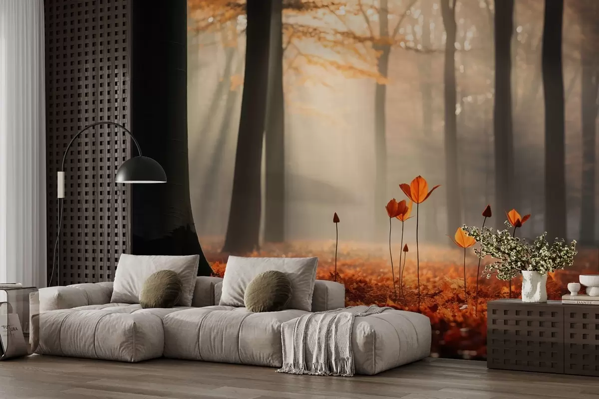 Fotobehang Herfstbos met zonnestralen en helder gebladerte w04710