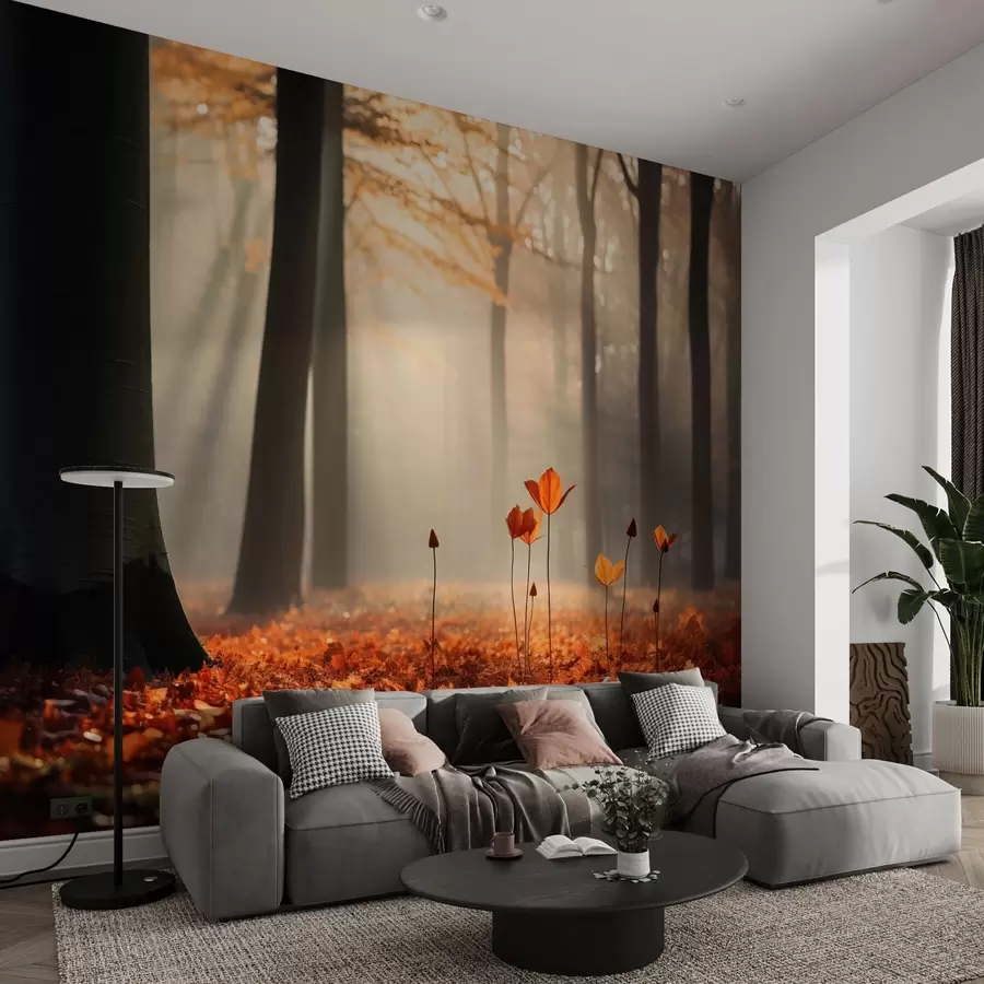 Fotobehang Herfstbos met zonnestralen en helder gebladerte w04710
