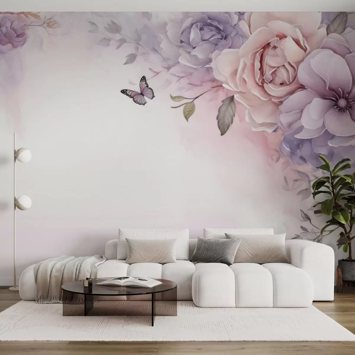 Fotobehang Delicate roze en lila bloemen met een vlinder w04711 kopen - Uwalls.nl Fotobehang Delicate roze en lila bloemen met een vlinder w04711