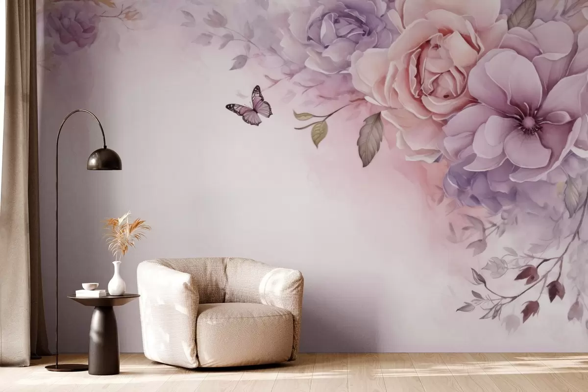 Fotobehang Delicate roze en lila bloemen met een vlinder w04711