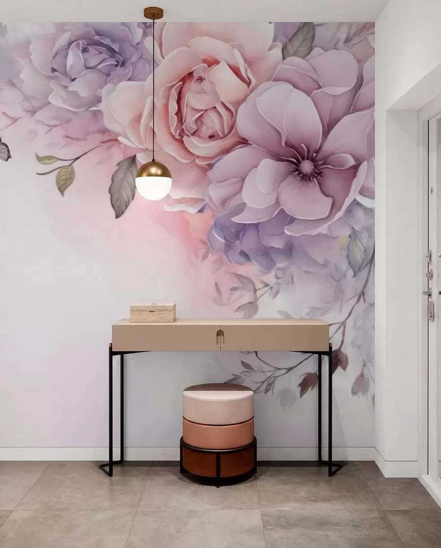 Fotobehang Delicate roze en lila bloemen met een vlinder w04711