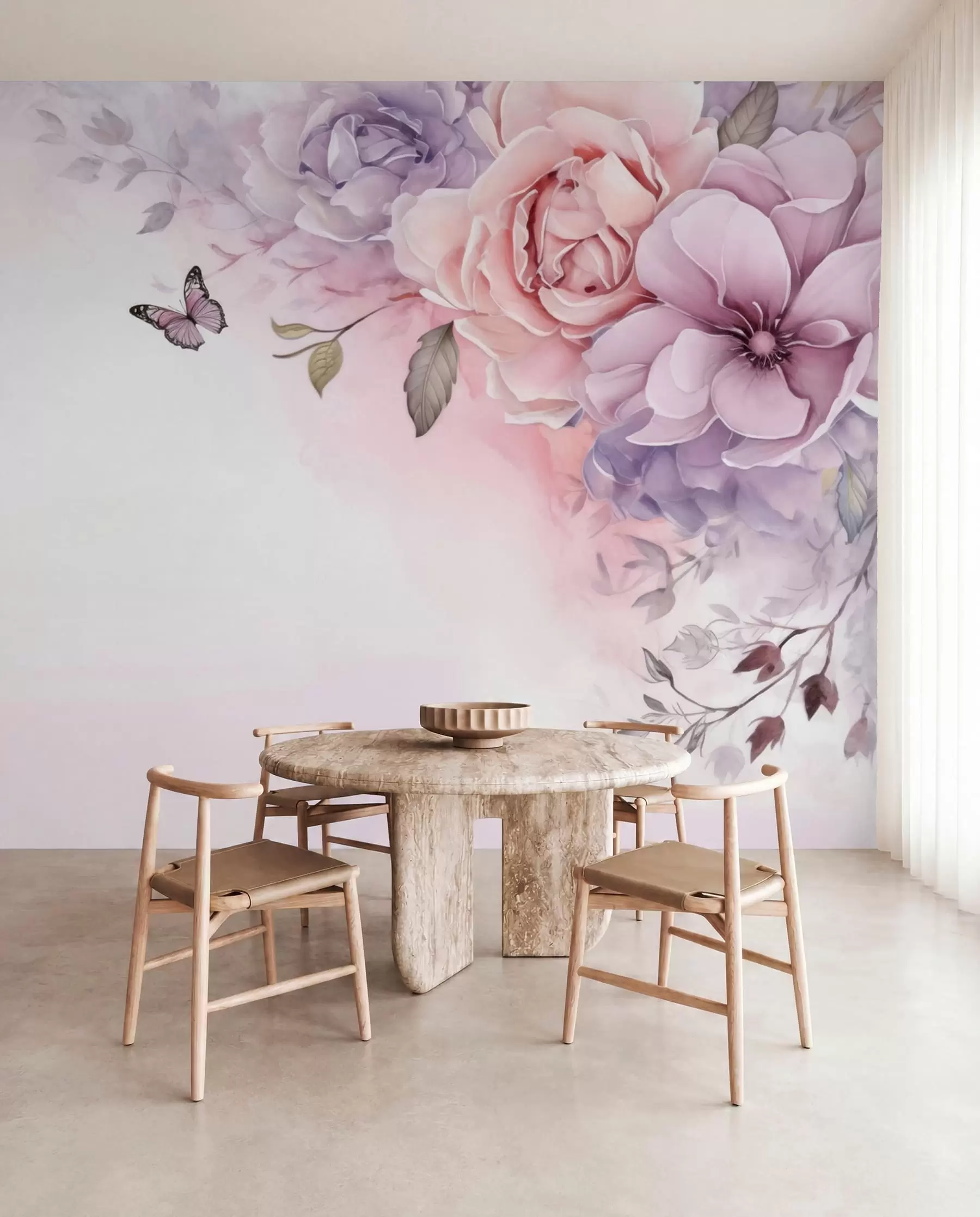Fotobehang Delicate roze en lila bloemen met een vlinder w04711