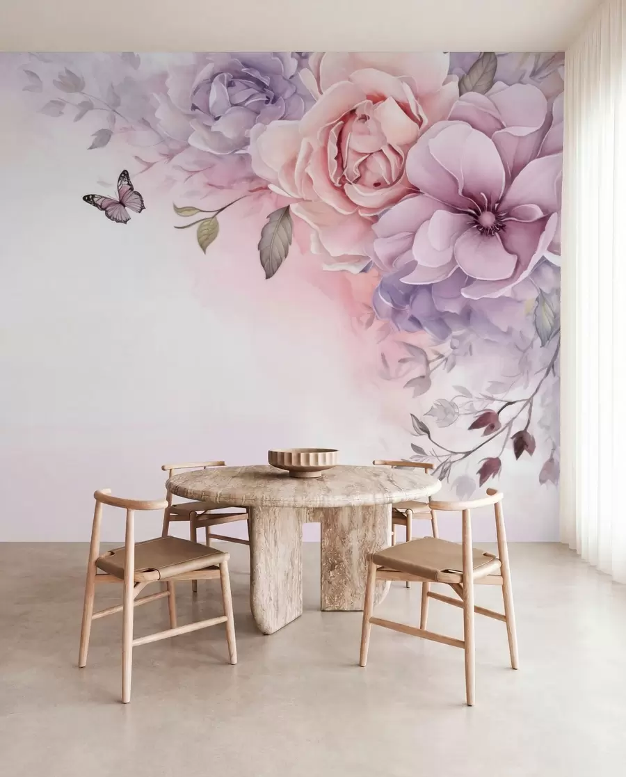 Fotobehang Delicate roze en lila bloemen met een vlinder w04711