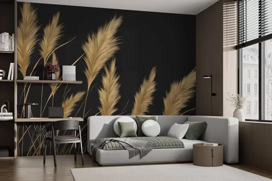 Fotobehang Pluizige tarwehalmen op een donkere achtergrond w04734