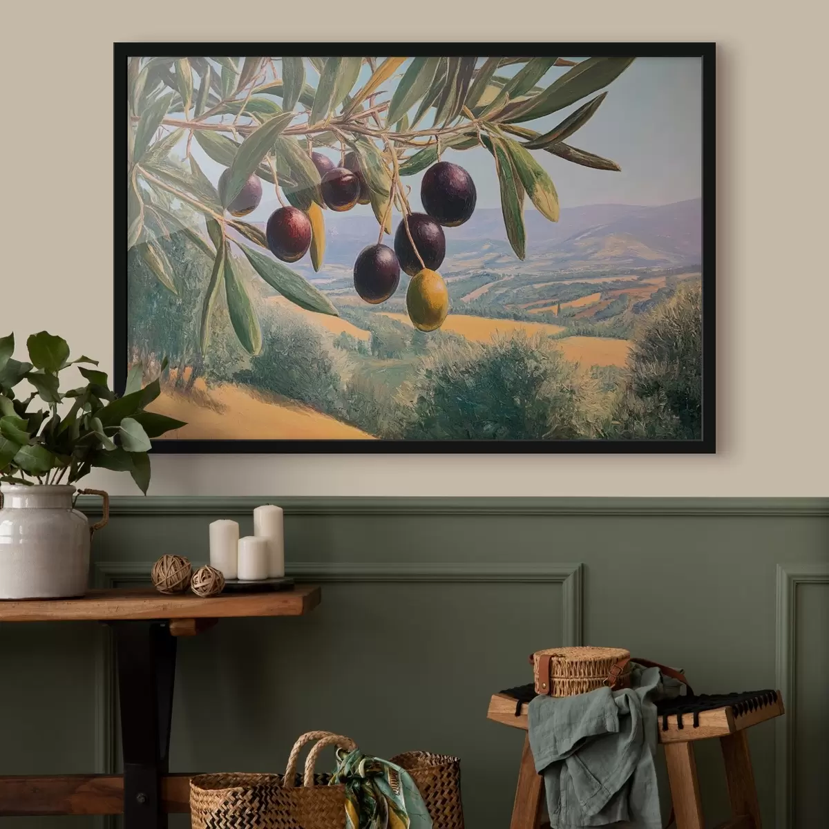 Poster Olijftak met donker fruit tegen een zomerse achtergrond f46150