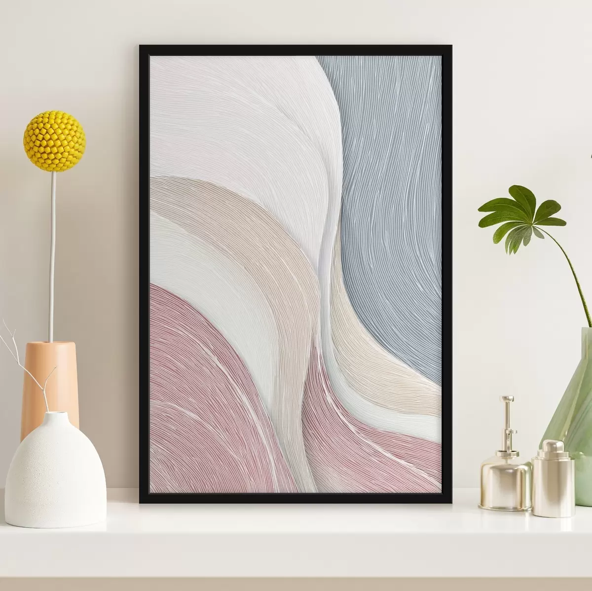 Poster Lichte abstracte golven in lichtroze en grijs-witte tinten f46153