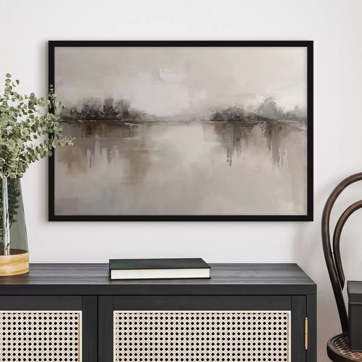 Poster Zacht landschap met een meer in warme beige-grijze tinten f46158