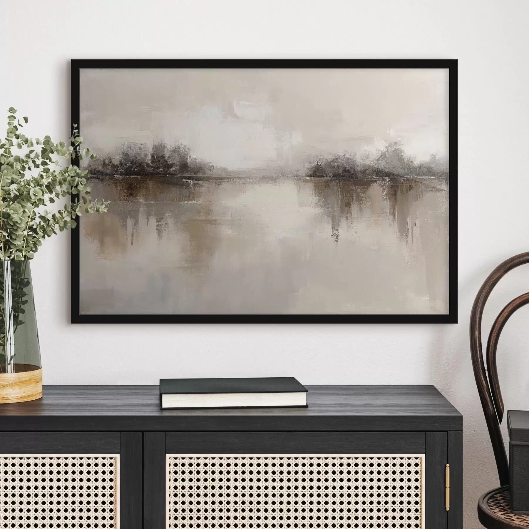  Schilderijen Zacht landschap met een meer in warme beige-grijze tinten f46158