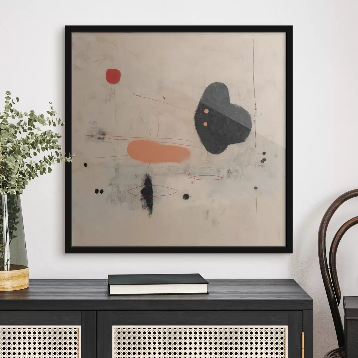 Poster Minimalistische abstracte tekening met zwarte en koraalkleurige accenten f46159
