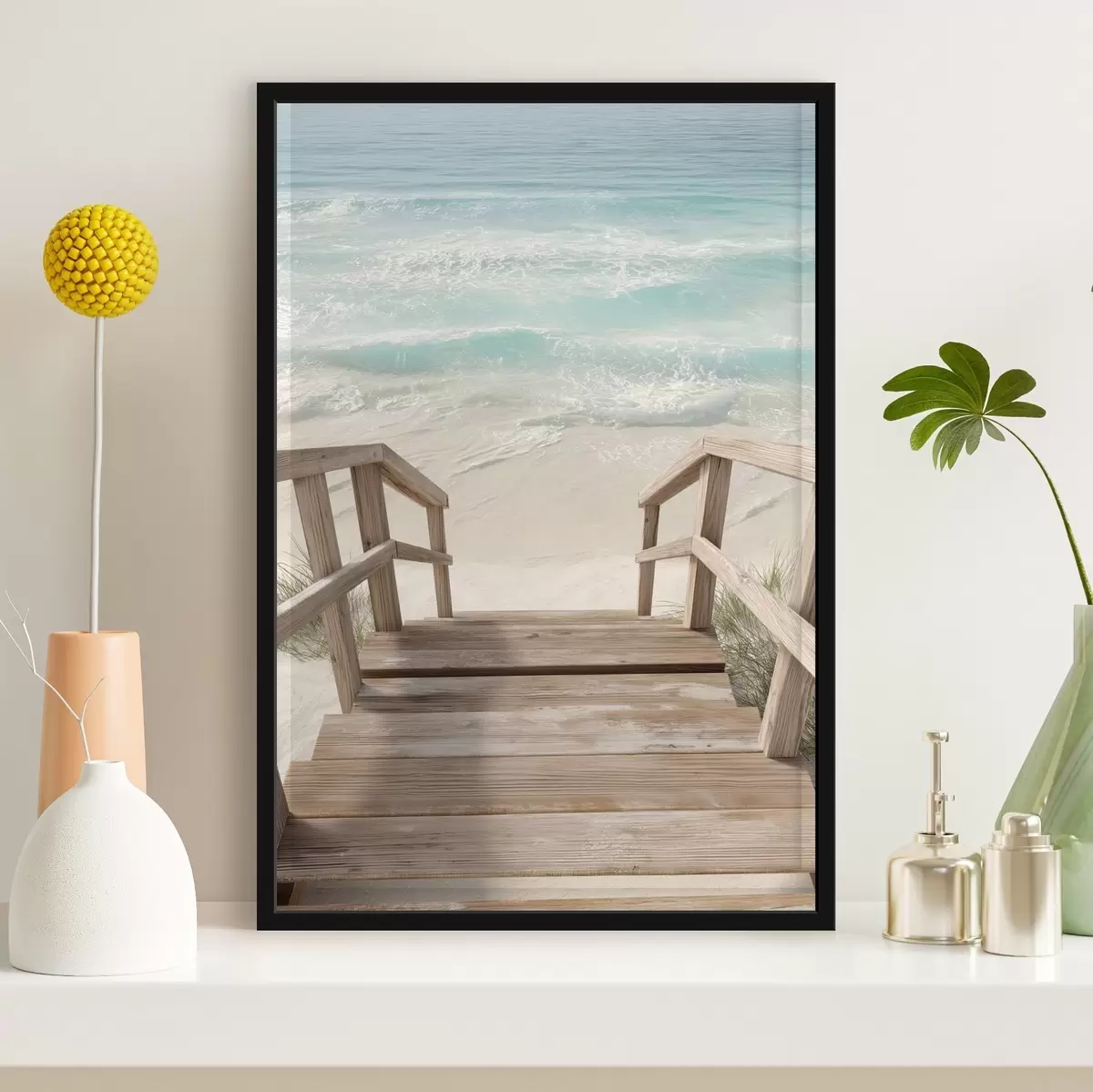 Poster Houten trap die naar een turquoise strand leidt f46163