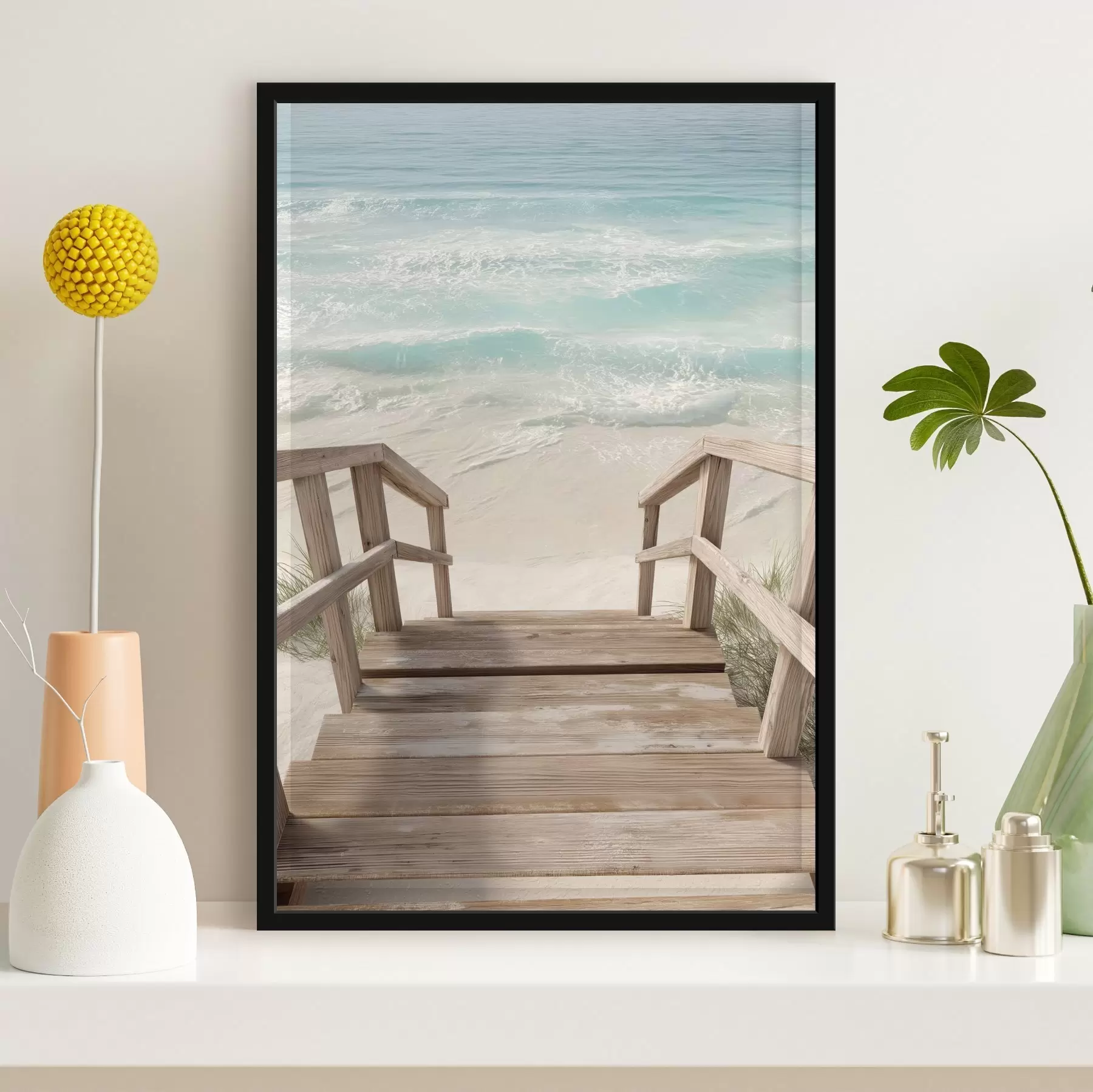 Fotobehang Houten trap die naar een turquoise strand leidt f46163