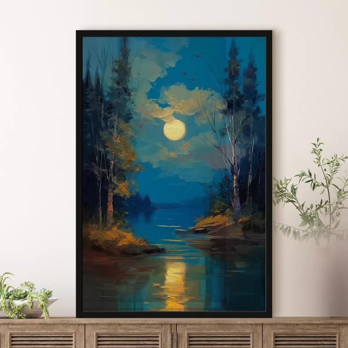 Poster Maanlicht boven een kalme rivier tussen dennenbomen f46164
