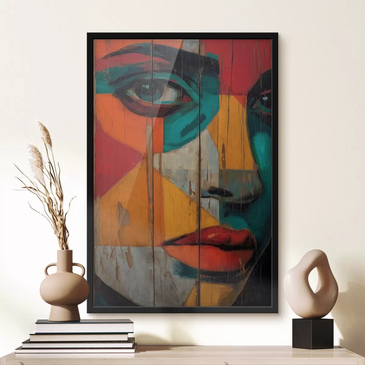 Poster Helder geometrisch portret op houten planken f46165