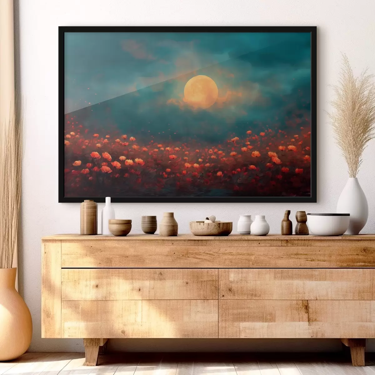 Poster Maan boven een veld met rode bloemen in een mistige avondhemel f46167