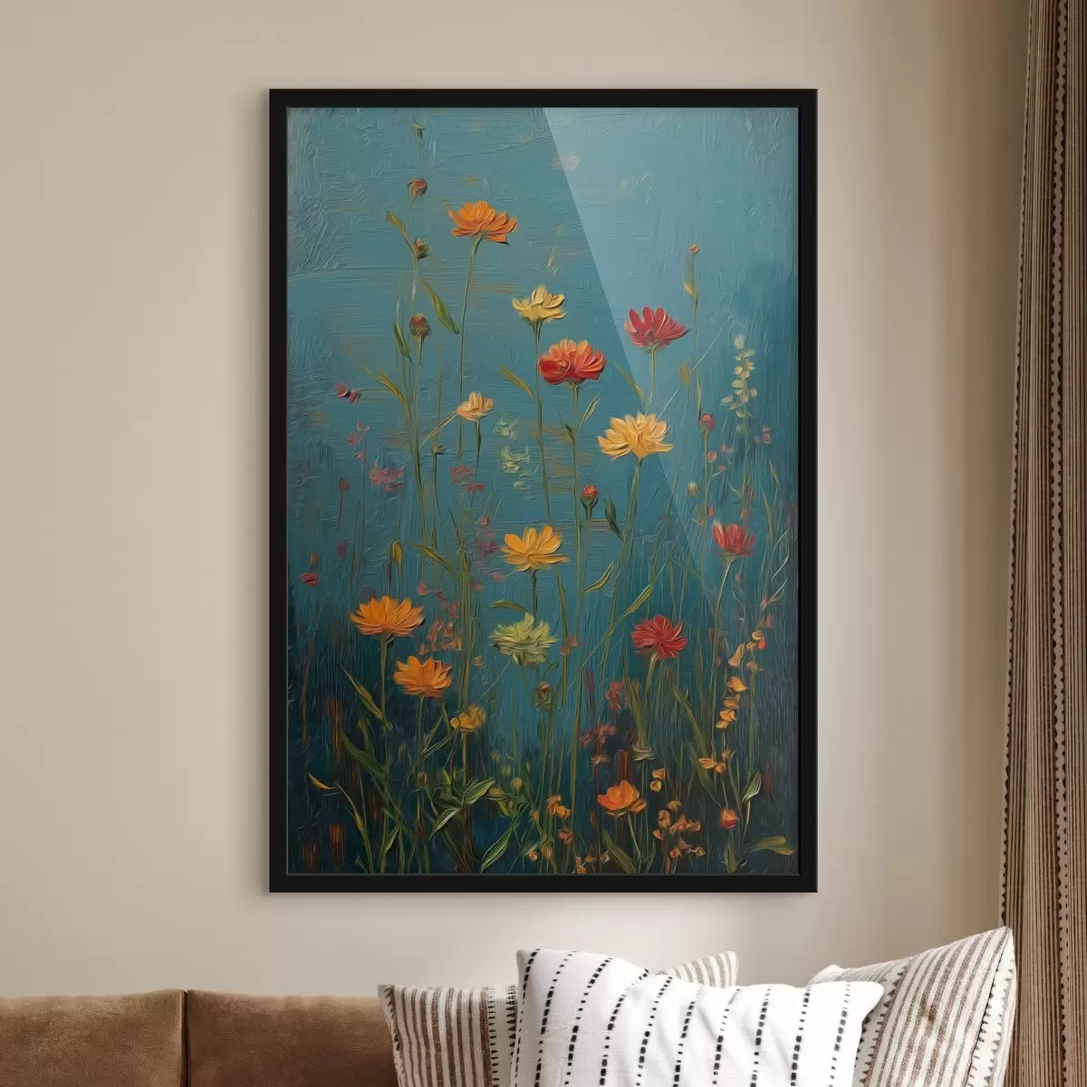 Poster Wilde bloemen op een diep turquoise achtergrond f46169